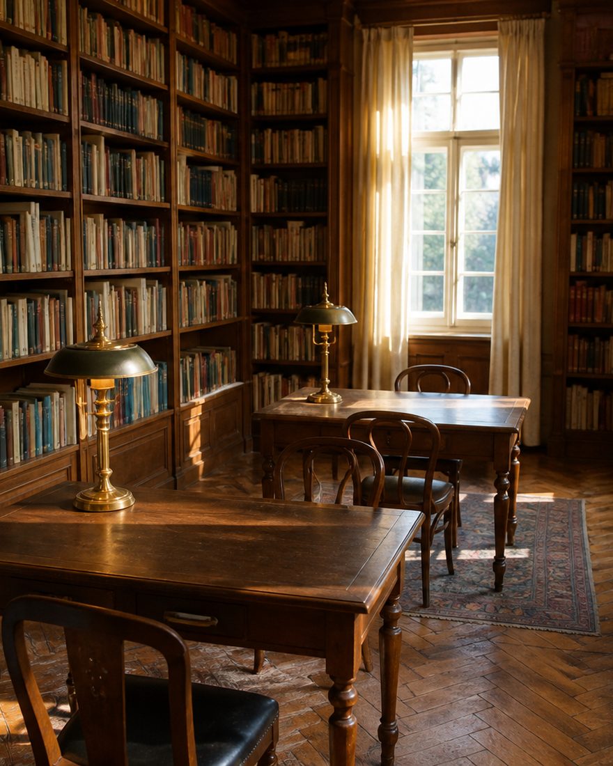 Читальний зал Inner Library з дерев’яними полицями та теплим світлом